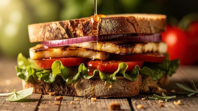 Delicious grilled chicken sandwich with fresh lettuce tomato and onion drizzled with honey on rustic bread