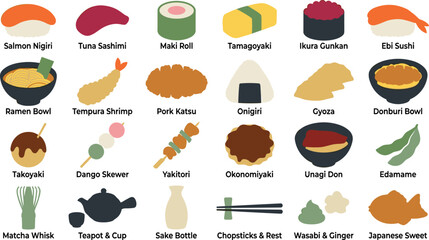 Japanese food and cuisine vector icon set featuring sushi, ramen, onigiri, tempura, takoyaki, and traditional dishes collection © Shasa icon studio