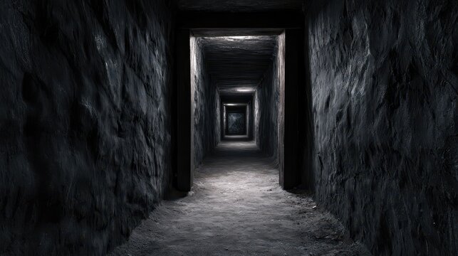 A dark stone tunnel with repeating door frames recedes into deep shadows. Ideal for horror, mystery, or underground thriller themes.