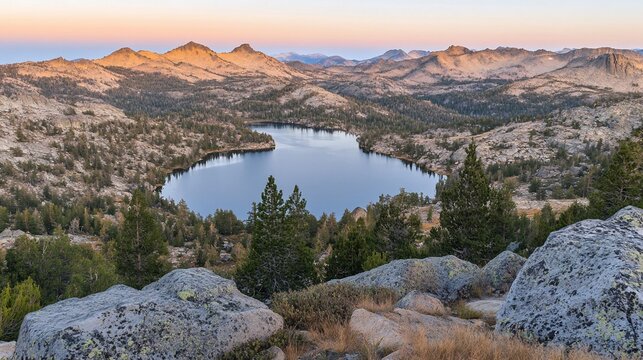 Sunset Sierra Nevada lake vista, mountain range backdrop, scenic travel