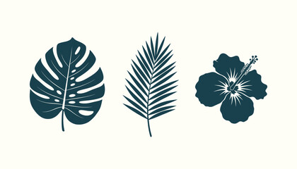 Silhouette Set of Monstera Deliciosa Palm Frond and Hibiscus Flower for Tropical Summer Designs Art © RUMA