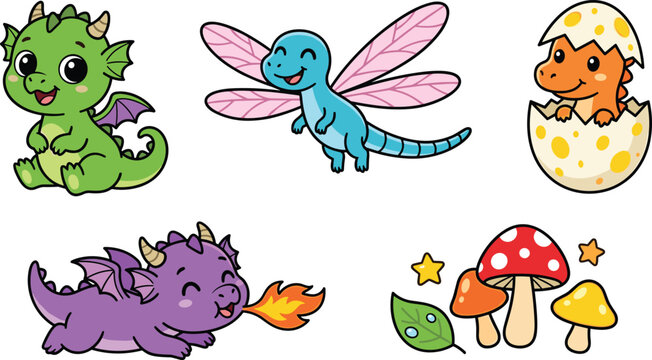 Cute Cartoon Baby Dragon Character Set Featuring Flying Fairy Dragon Hatching Dino Egg and Fire Breathing Creatures Vector Illustration