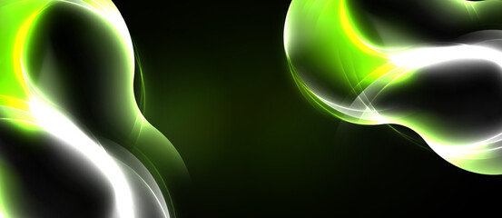 Naklejka premium Abstract green energy flows, luminous curves, dark background. Smooth shapes suggest motion, vibrant color contrast. Modern design element.