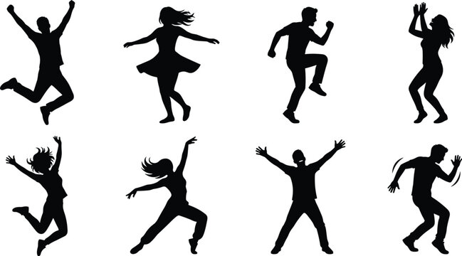 Set of energetic dancing and happy people silhouettes in various active poses
