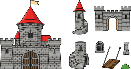 Medieval Stone Castle and Fortress Construction Kit Set Including Watchtowers Gate Drawbridge Window and Wall Elements Vector Cartoon Illustration © MbBasir