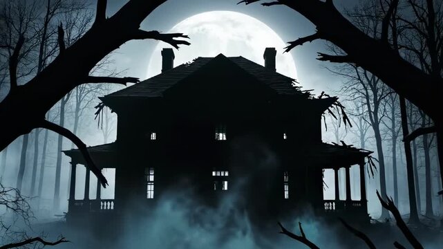 Large haunted house silhouette framed by twisted black branches and pale full moon, glowing windows, blue smoke, dead winter woods, cinematic gothic mansion horror background with ominous roof detail