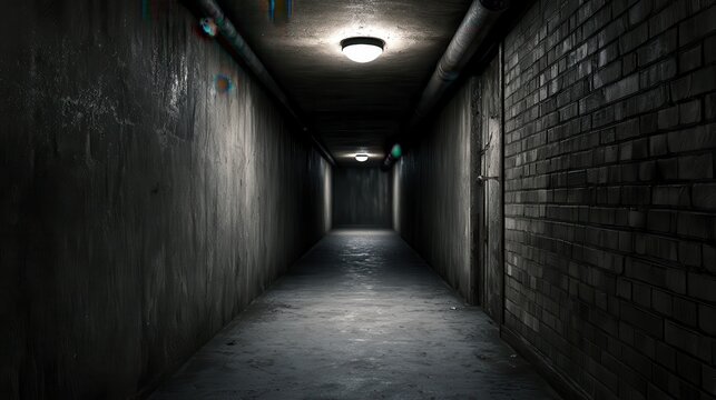 Dark, eerie basement hallway with overhead lights and pipes. This image evokes mystery and fear.