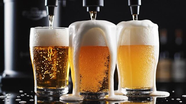 Close up pouring fresh cold beer with foam in glasses for party and celebration
