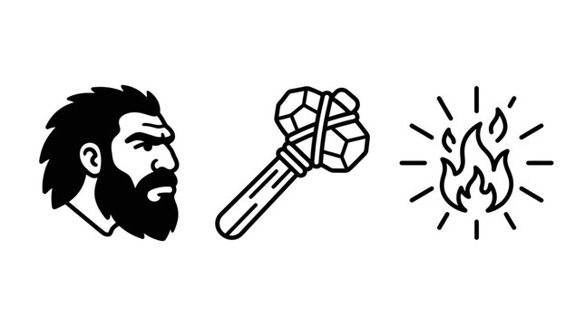 Caveman with Stone Axe and Fire Icon Set