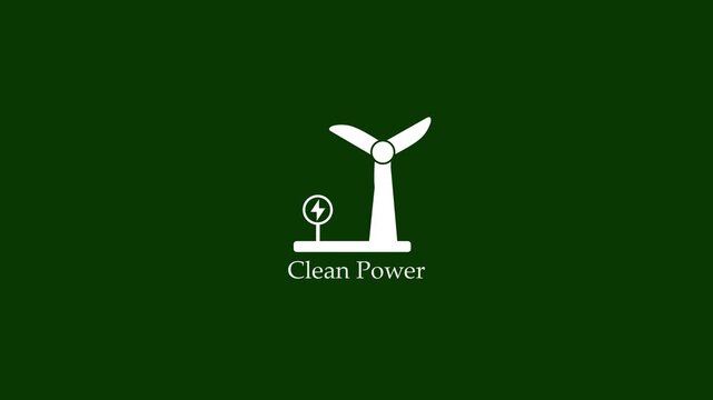 Windmill turbine icon animation clean power text renewable wind energy sustainable green electricity eco technology environment concept loop motion graphic isolated on dark green background.
