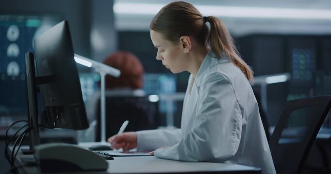 Portrait of Female Researcher Works at a Computer in an Advanced Medical Science Facility, Utilizing Ai Technology and Innovation to Support Drug Development, Diagnosis and Disease Treatment.