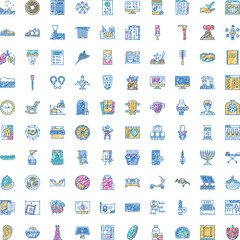 Naklejka premium Collection of vibrant hand drawn linear icons featuring various subjects, objects, and concepts, suitable for infographic elements, web design, or educational material