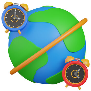 3D render world time zones icon with Globe and Alarm Clocks 