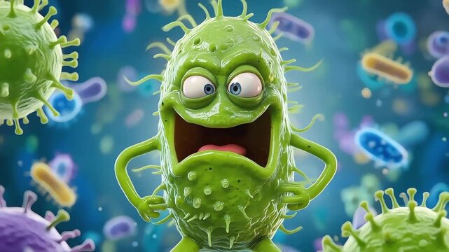 Cute cartoon bacterium cheering in a microscopic world