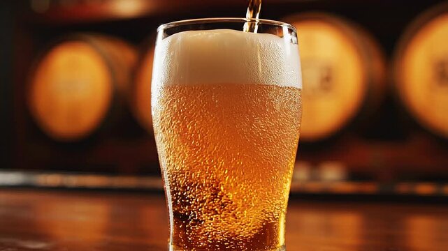 Refreshing beer being poured into a chilled glass with foam in a cozy bar setting