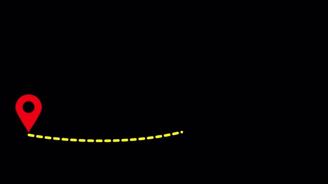 Map pointer pin and dotted route line animation on transparent background, location navigation travel and destination tracking motion graphic video in 4k.