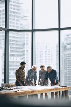 Team of construction worker architect gathered around large wooden table studying blueprint discussing new project bustling office background large floor ceiling window letting plenty of natural light