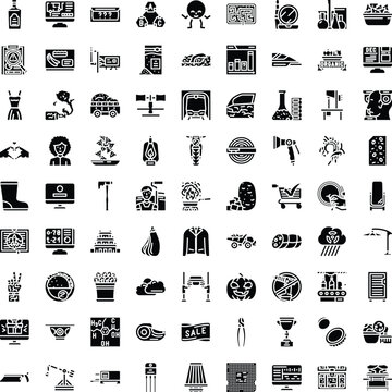 Black glyph icons illustrating a wide range of concepts, devices, food, and everyday objects, representing diverse themes and applications across categories
