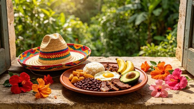 Sombrero vueltiao and bandeja paisa on stone doorstep, Colombian heritage concept.