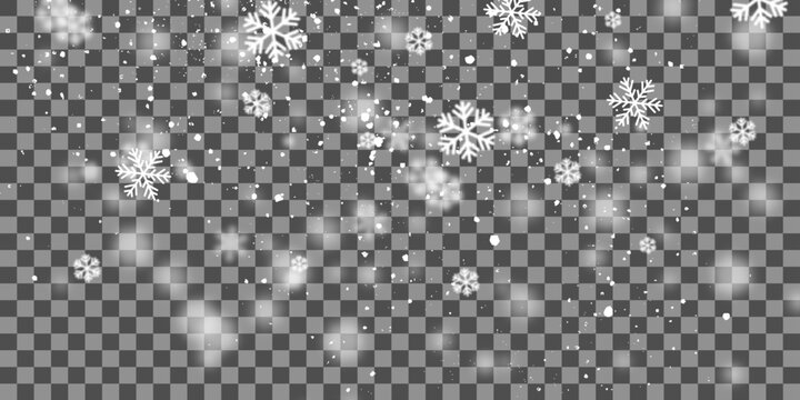 Realistic white winter snowfall.  Snowfall  flake, magic effect falling snowstorm illustration
