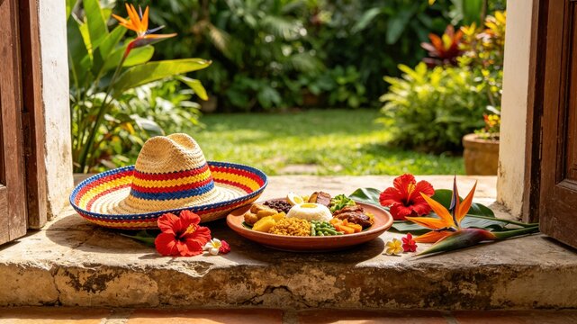 Sombrero vueltiao and bandeja paisa on stone doorstep, Colombian heritage concept.