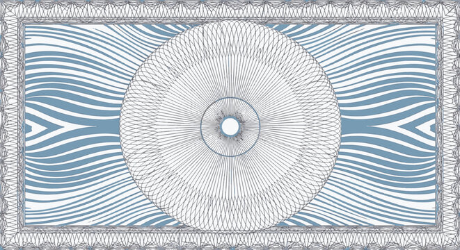 Pale ocean blue and white guilloche pattern featuring a central circular rosette, radial line segments, wavy decorative stripes, and an intricate geometric security frame border.