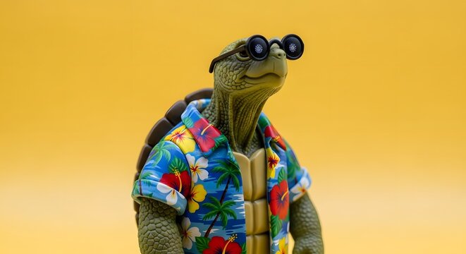 Smiling cartoon turtle wearing colorful Hawaiian shirt and sunglasses