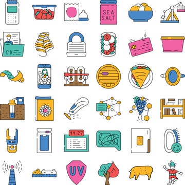 Set of clean line icons covering technology, food, nature, finance and abstract concepts in a cohesive outline style for vector illustrations, web and app design, and print use