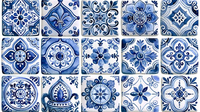 Watercolor decorative Mediterranean tiles elements set. Ornamental design for wrapping paper, textiles, postcards, stationery, borders. Stock Illustration