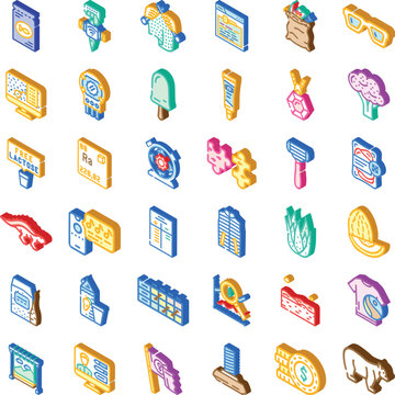 Set of colorful isometric icons illustrating a wide range of common objects, daily items, technology elements, food, nature, and abstract concepts, perfect for graphic design