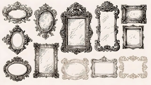 Whimsical baroque or rococo frames and renaissance borders. Vertical shapes with vintage victorian elegance decorated with whimsy lines and squiggles perfect for wedding invitation cards