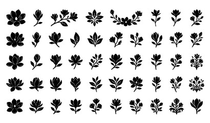 Fototapeta premium Black Silhouette Botanical Leaf Collection with Various Floral Nature Elements Vector Illustration Set