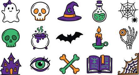 Naklejka premium Halloween doodle icons set spooky symbols and characters for festive designs