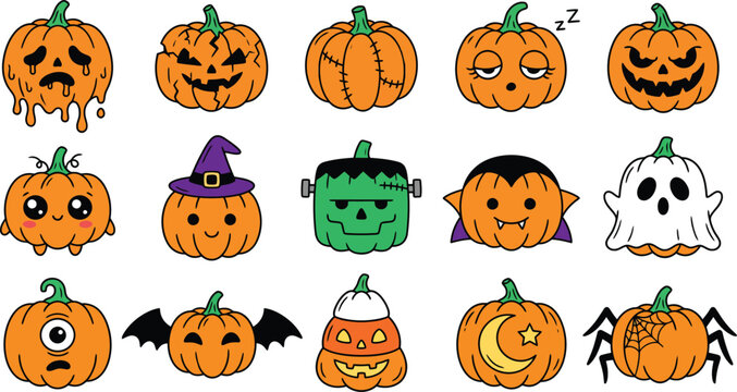 Halloween doodle pumpkin characters cute vector illustrations for autumn celebrations spooky designs