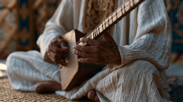 Kazakh musician seated cross-legged on woven carpet mastering the dombra two-string lute, fingers pressing frets with deliberate precision, traditional felt yurt interior