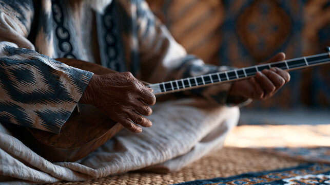 Kazakh musician seated cross-legged on woven carpet mastering the dombra two-string lute, fingers pressing frets with deliberate precision, traditional felt yurt interior