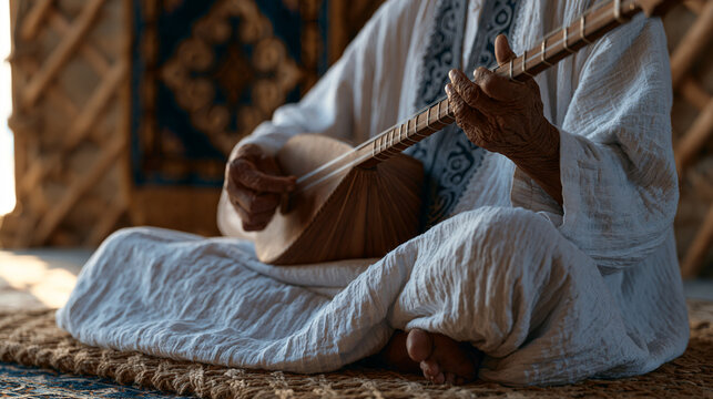 Kazakh musician seated cross-legged on woven carpet mastering the dombra two-string lute, fingers pressing frets with deliberate precision, traditional felt yurt interior