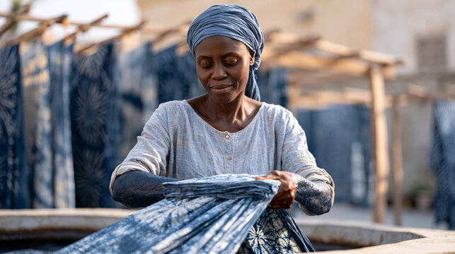 Nigerian Adire indigo textile dyeing artisan plunging folded resist-dyed cloth into outdoor vat, arms stained deep from wrist to elbow, communal workshop courtyard with drying