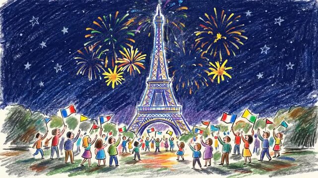 Crayon animation of Eiffel Tower fireworks with crowds waving flags.