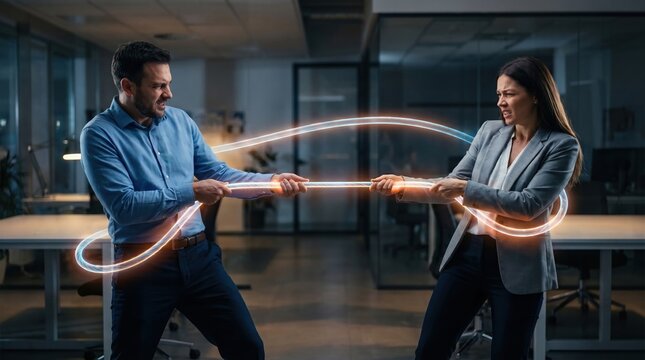 Businessman and businesswoman pulling glowing neon rope in office for corporate tug of war concept.