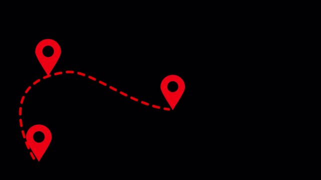 Map pointer pin and dotted route line animation on transparent background, location navigation travel and destination tracking motion graphic video in 4k.