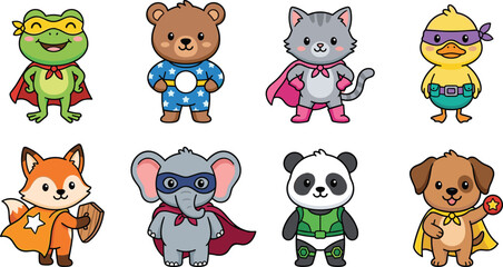Obraz premium Cute Baby Superhero Animals Vector Illustration Set Featuring Adorable Frog Teddy Bear Cat Duck Fox Elephant Panda and Puppy Dog Cartoon Characters