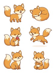 Fototapeta premium Cute fox cartoon collection with six different expressions and poses isolated on white for children's projects and nursery designs.