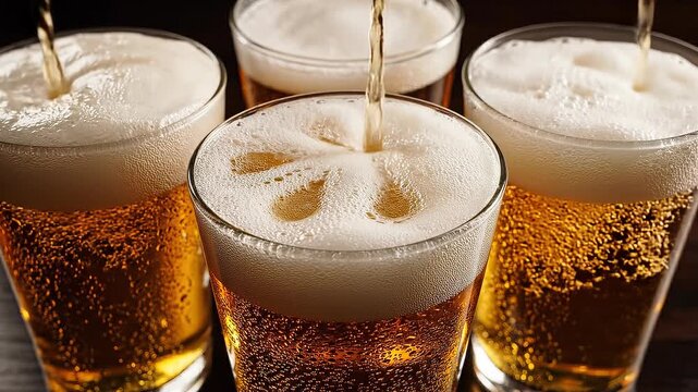 Refreshing golden beer being poured into glasses with frothy foam in a close up bar setting