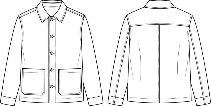 Front and Back Button Up Work Jacket Technical Fashion Flat Sketch Vector Template.