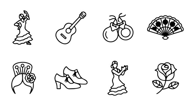 Flamenco Dancer Icons, Guitar, Castanets, Fan, Rose, Shoes, Hairpiece Vector Set