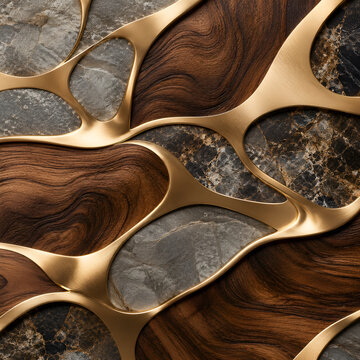 Luxury Abstract Gold Metallic Organic Shapes with Natural Wood and Marble Texture Background