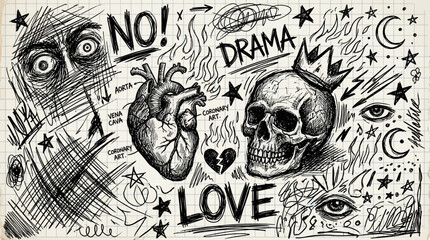 Grunge hand drawn doodle set with skull and heart, dark aesthetic street art illustrations, chaotic ink sketches on graph paper background © Seli