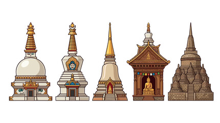 Obraz premium Buddhist temples and stupas collection showcasing various traditional Asian religious architectural designs and sacred structures.