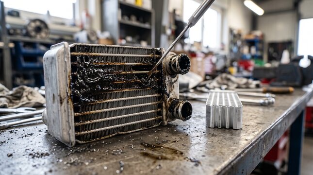 Engine oil cooler blockage inspection with a metal probe on a workshop metal table. Comparing dirty clogged radiator heat exchanger with a clean new replacement part.